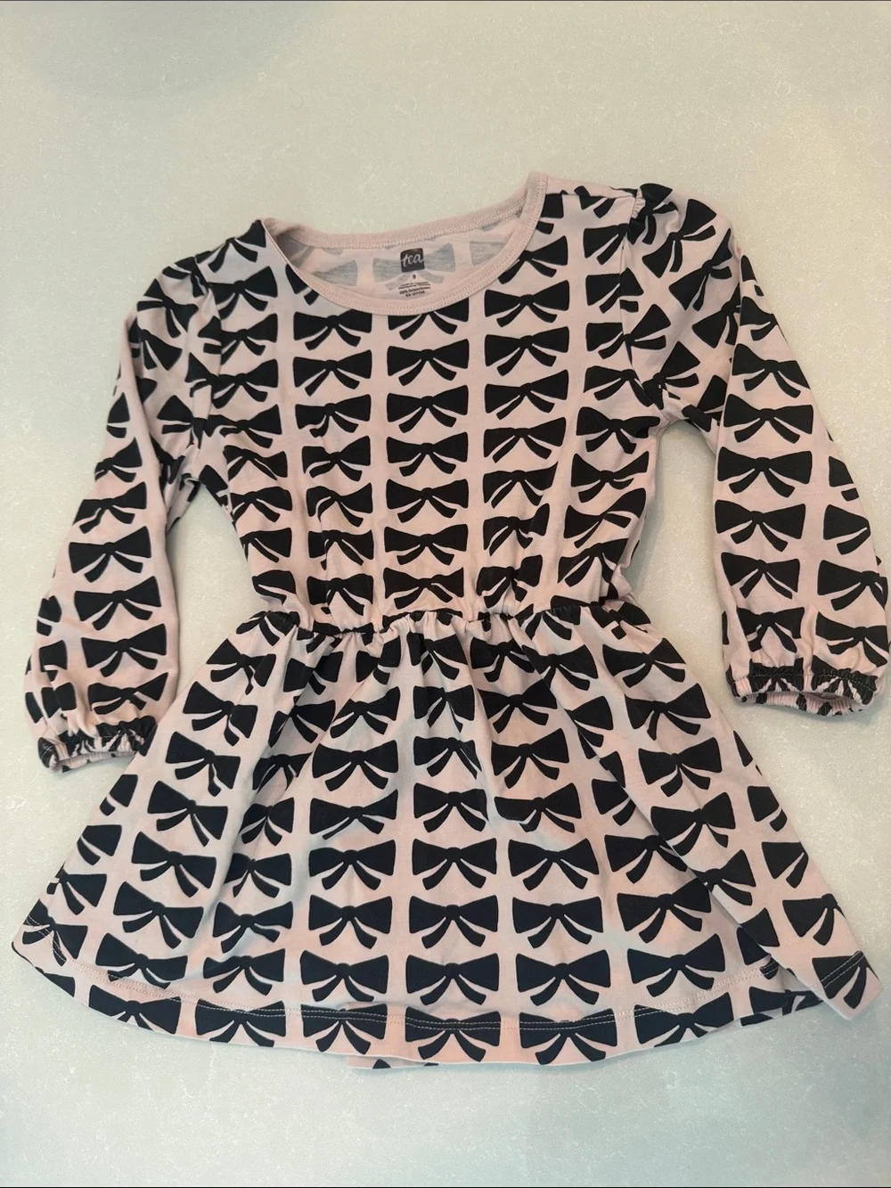 Tea Collection Pink and Black Bow-Print Long Sleeve Dress